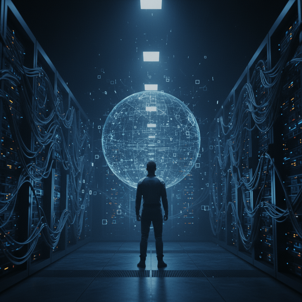 Representación conceptual del control de la información y los Patriots de Metal Gear Solid en un entorno digital futurista.