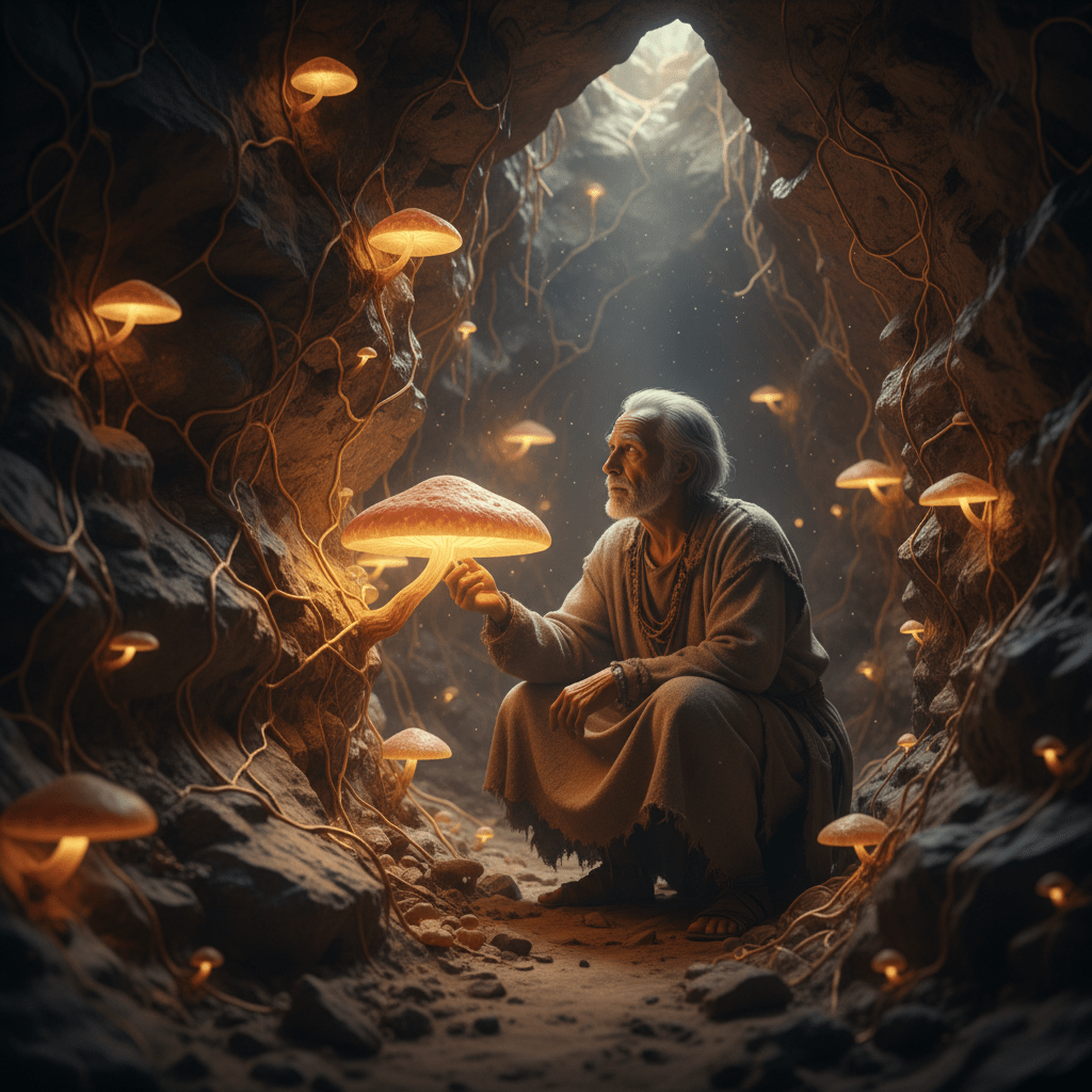 Representación artística de la conexión ancestral entre el micelio y la conciencia humana en una cueva antigua con hongos luminosos.