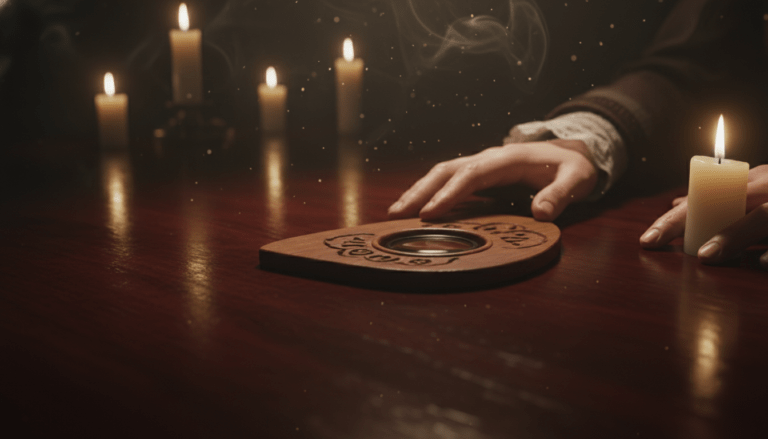 Detalle de planchette de madera antigua sobre una mesa de caoba en una sesión de espiritismo del siglo XIX, iluminación dramática y estilo cinematográfico.