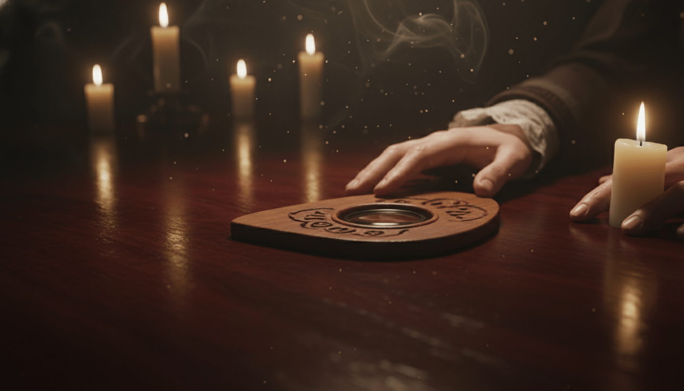 Detalle de planchette de madera antigua sobre una mesa de caoba en una sesión de espiritismo del siglo XIX, iluminación dramática y estilo cinematográfico.