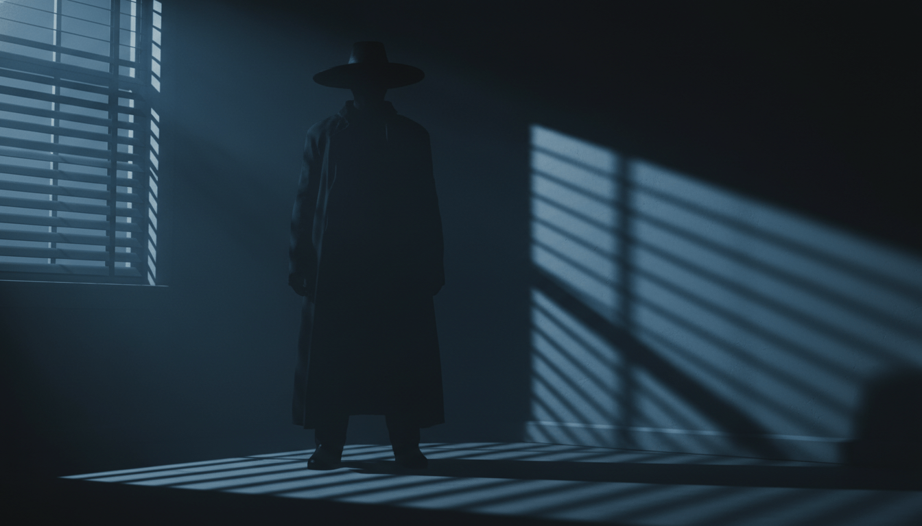 Representación visual del hombre de la sombra o Hat Man como una silueta negra con sombrero en una habitación oscura durante la parálisis del sueño.