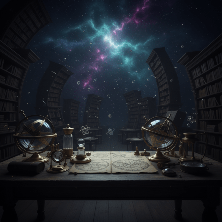 Representación artística del horror cósmico de Lovecraft fusionando una biblioteca clásica con la astronomía y la física cuántica