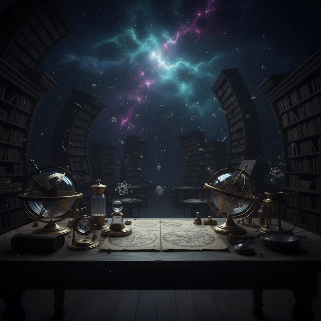 Representación artística del horror cósmico de Lovecraft fusionando una biblioteca clásica con la astronomía y la física cuántica