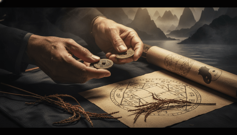 Representación artística del I Ching con monedas de bronce, varillas de milenrama y símbolos de hexagramas sobre pergamino antiguo.