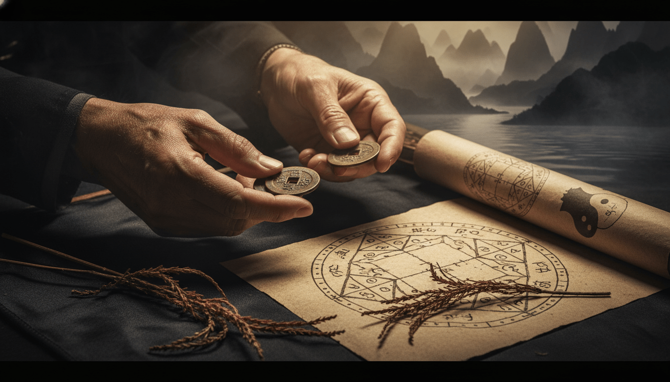 Representación artística del I Ching con monedas de bronce, varillas de milenrama y símbolos de hexagramas sobre pergamino antiguo.