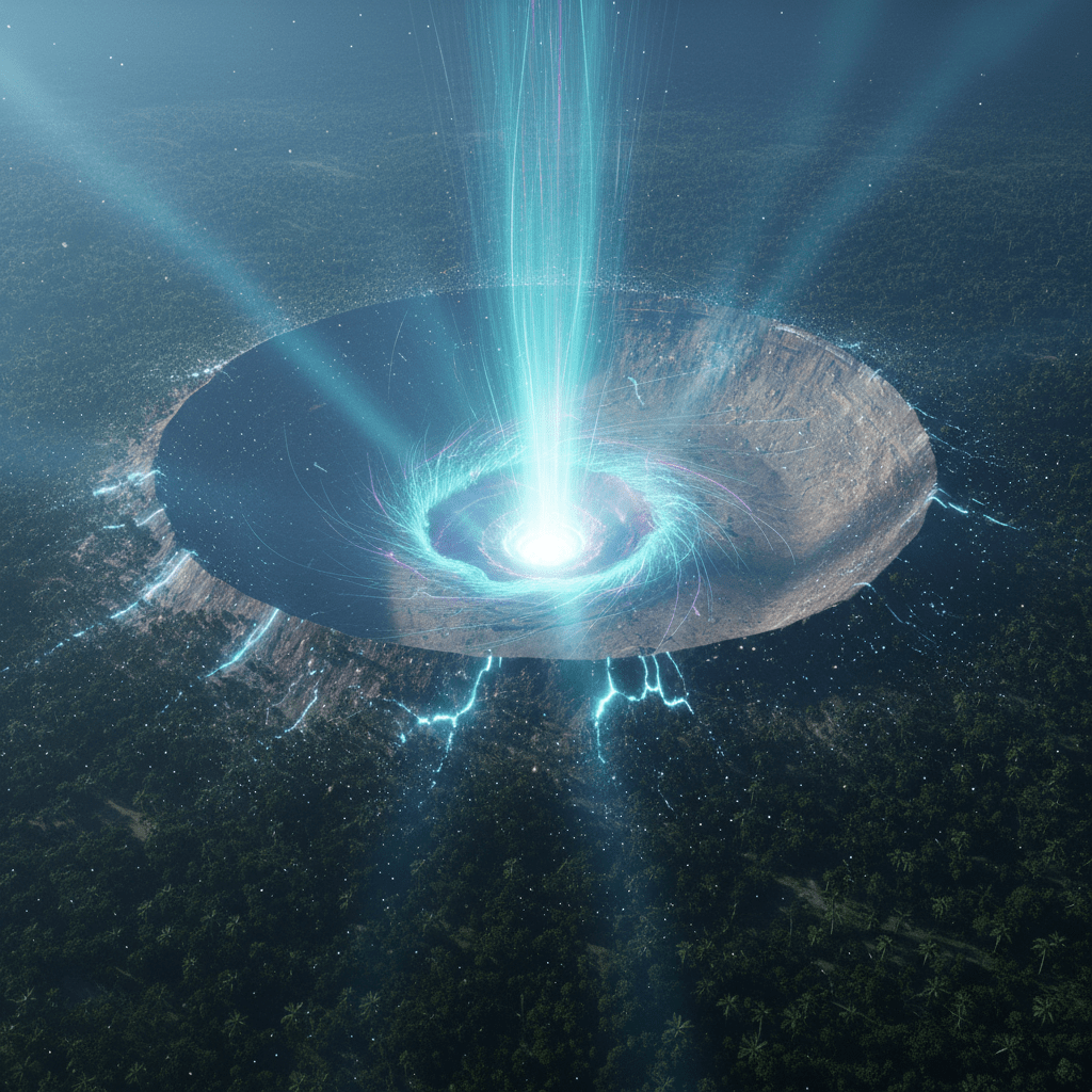 Representación artística del impacto del asteroide de Chicxulub en Yucatán y el vórtice de energía resultante