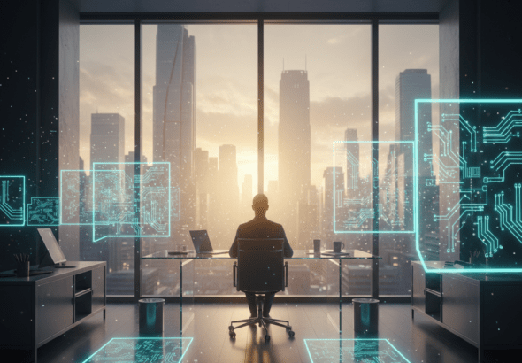 Persona en oficina futurista rodeada de hologramas de inteligencia artificial representando la automatización laboral.