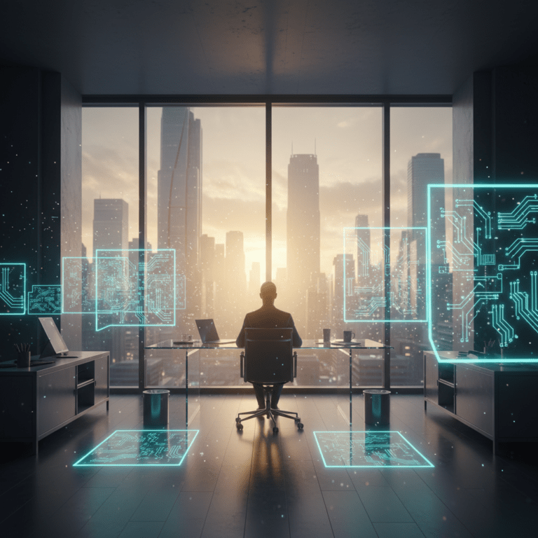 Persona en oficina futurista rodeada de hologramas de inteligencia artificial representando la automatización laboral.