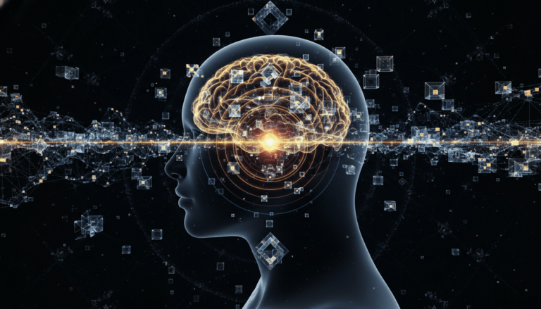 Representación conceptual de la conciencia humana interactuando con el campo cuántico y la manifestación de la realidad mediante intención focalizada.