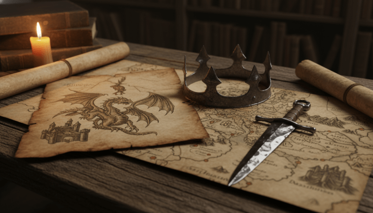 Composición medieval con mapas, corona de hierro y elementos de fantasía inspirados en Juego de Tronos y la historia real.