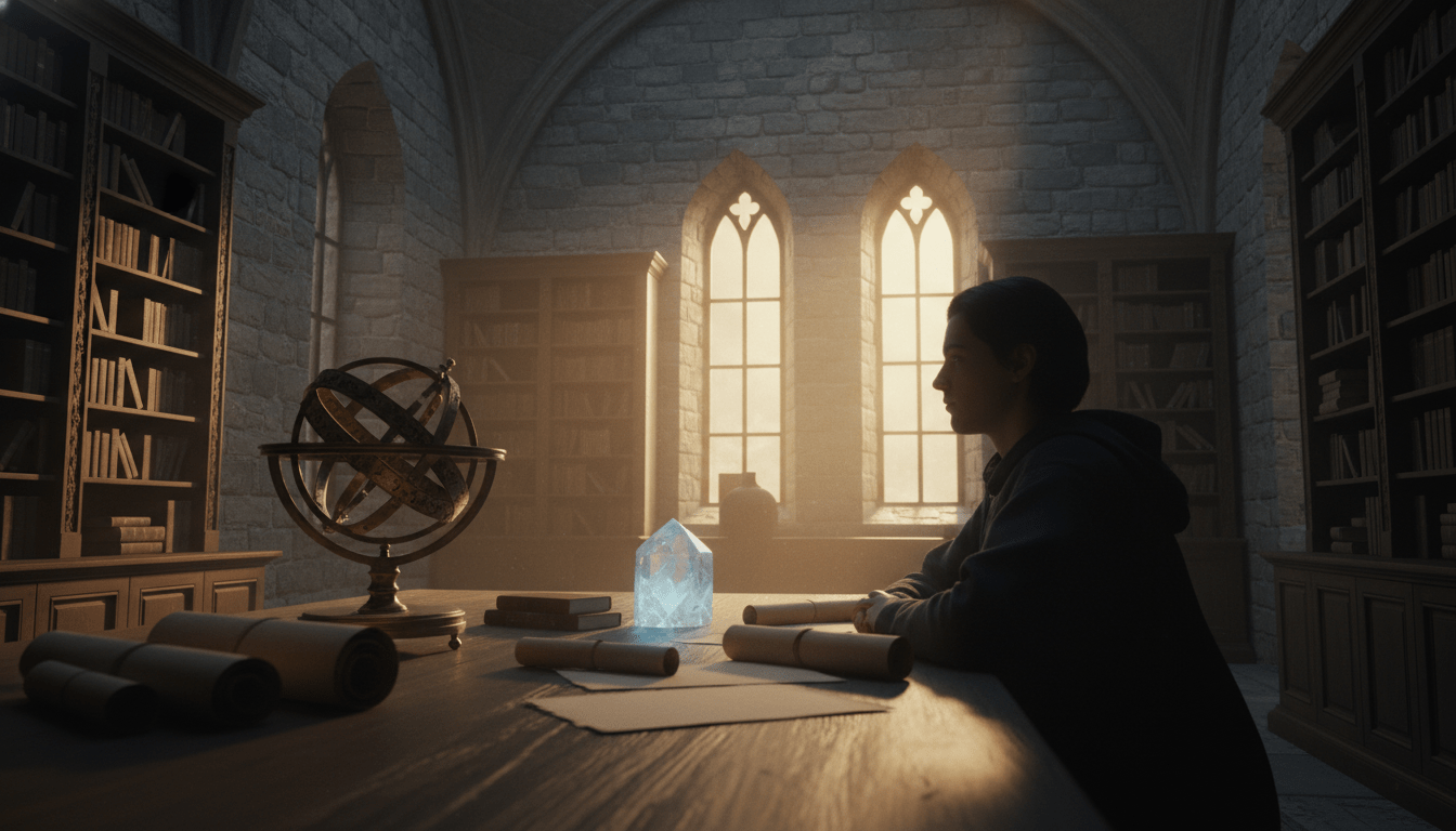 Persona en biblioteca antigua rodeada de elementos de alquimia y sabiduría hermética integrando conocimiento espiritual.