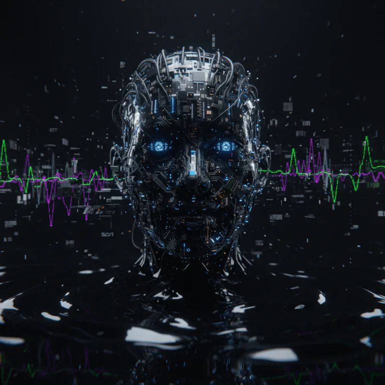 Representación conceptual de una inteligencia artificial oscura emergiendo de la Deep Web con circuitos brillantes y estética cinematográfica.
