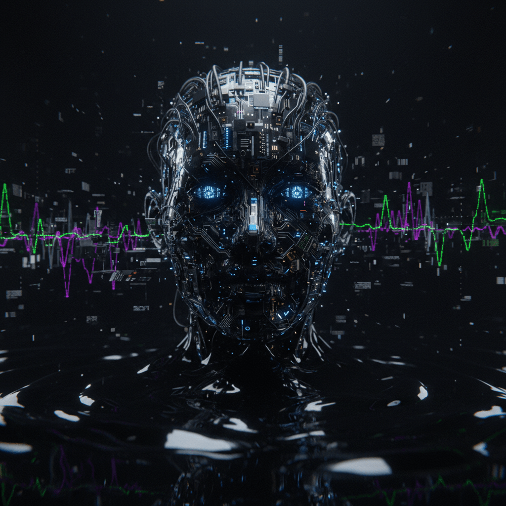 Representación conceptual de una inteligencia artificial oscura emergiendo de la Deep Web con circuitos brillantes y estética cinematográfica.