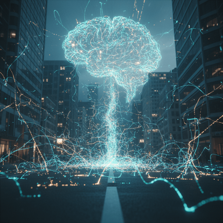 Representación conceptual del Internet de las Cosas como un sistema nervioso digital y biológico que conecta una ciudad inteligente.