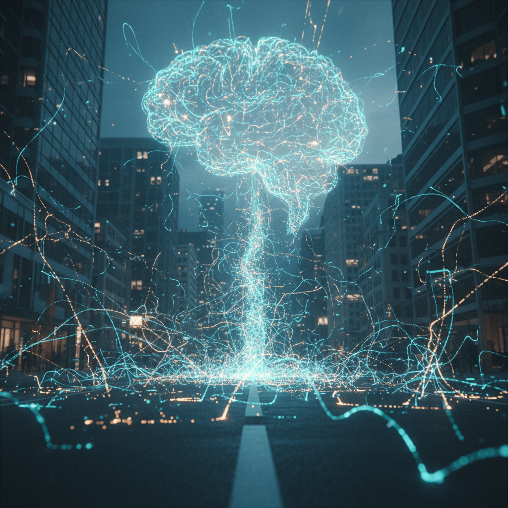 Representación conceptual del Internet de las Cosas como un sistema nervioso digital y biológico que conecta una ciudad inteligente.