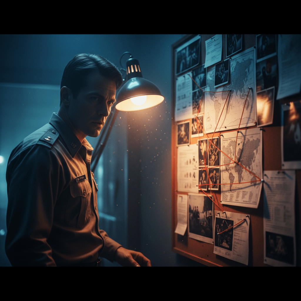 Ilustración cinematográfica de un hombre investigando teorías de conspiración y el gobierno secreto en una oficina oscura, inspirado en Milton William Cooper.