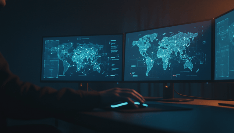 Representación visual de investigación digital OSINT y análisis de datos complejos en un entorno tecnológico moderno.