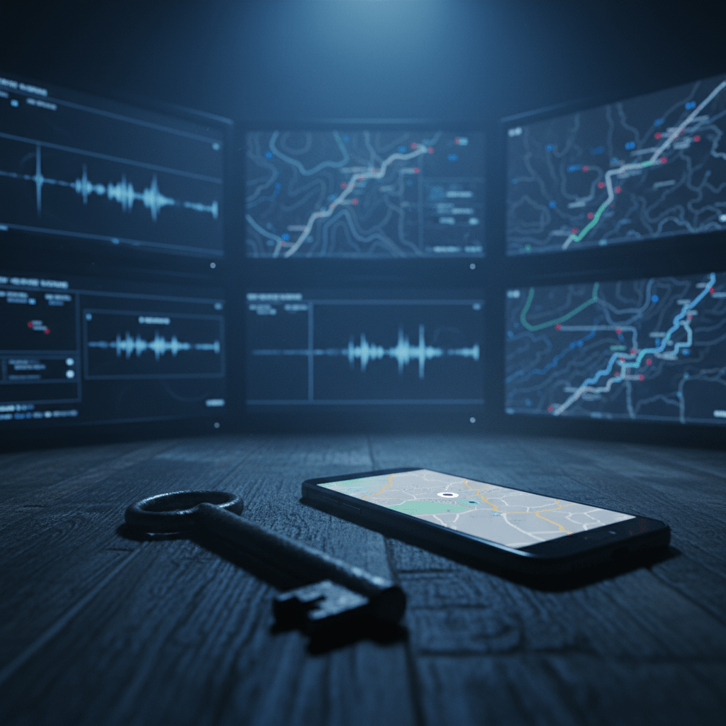 Escena de investigación de un Juego de Realidad Alternativa con una llave antigua, mapas digitales y espectrogramas de audio.