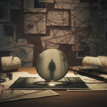 Escritorio de investigación de leyendas urbanas con mapas, fotografías de fantasmas y conexiones de hilos rojos bajo luz tenue.