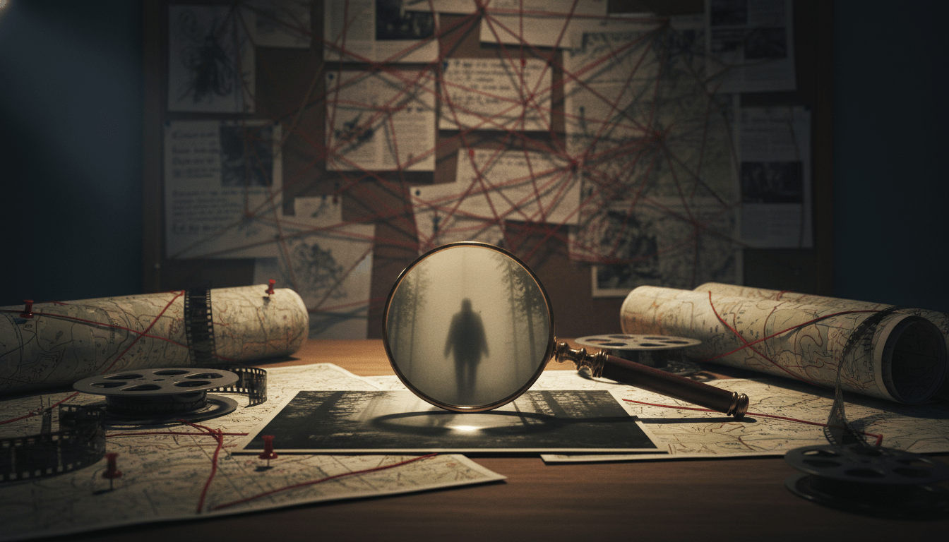 Escritorio de investigación de leyendas urbanas con mapas, fotografías de fantasmas y conexiones de hilos rojos bajo luz tenue.