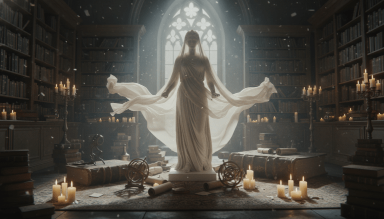 Estatua de la diosa Isis velada en una biblioteca antigua con pergaminos esotéricos, representación de Isis sin Velo de Blavatsky.