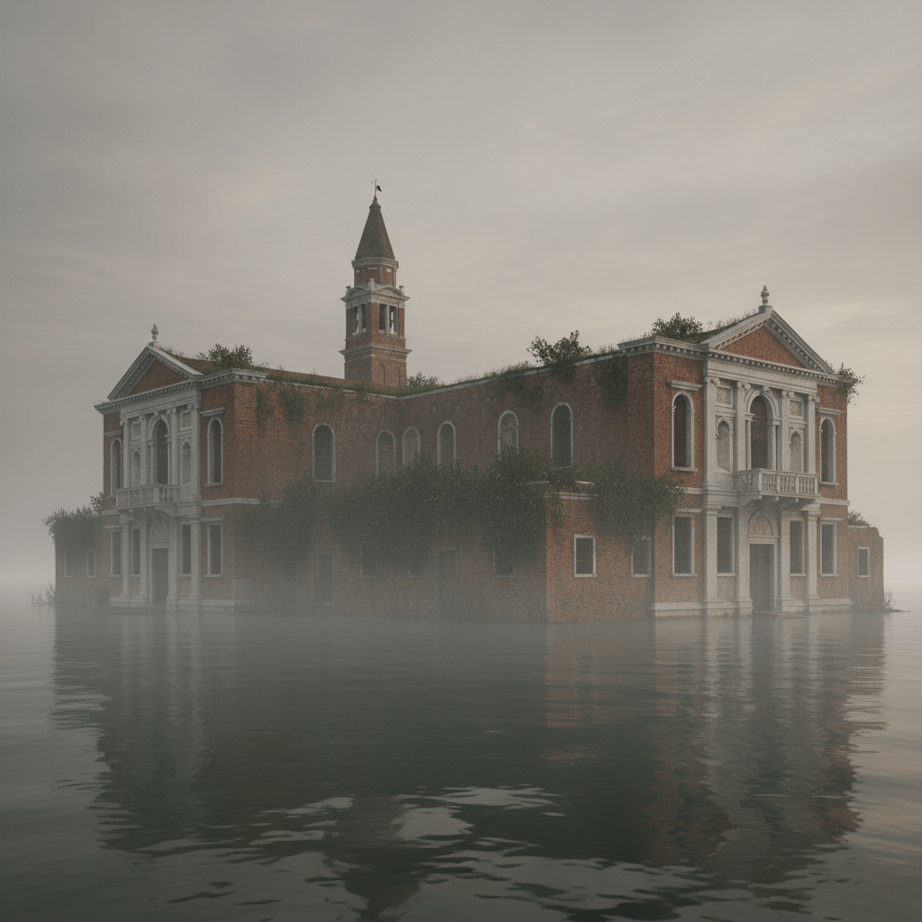Ruinas de los edificios históricos en la isla abandonada de Poveglia bajo la niebla de la laguna veneciana.