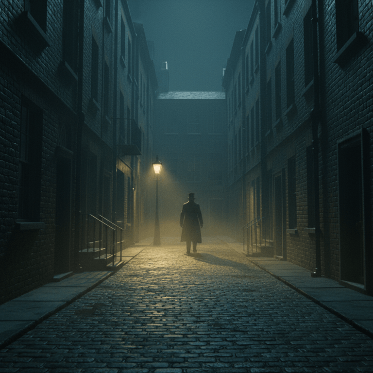 Callejón neblinoso del Londres victoriano en Whitechapel, ambientación oscura inspirada en From Hell de Alan Moore.