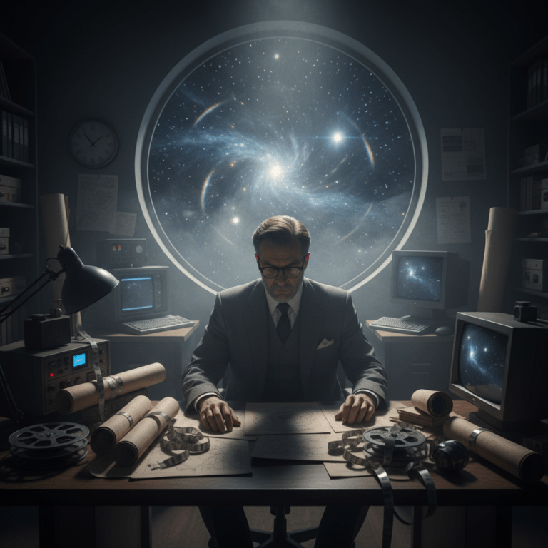 Representación artística de Jacques Vallée analizando el fenómeno OVNI como un sistema de control de la conciencia.