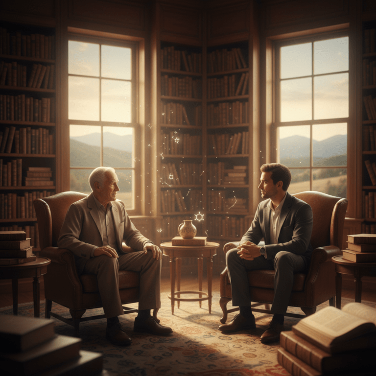 Retrato cinematográfico de Joseph Campbell en una biblioteca discutiendo el poder del mito y la mitología universal.