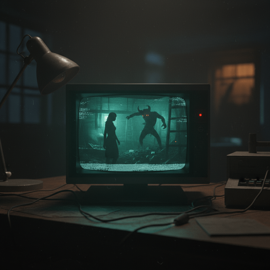 Representación artística del legendario videojuego soviético Killswitch de Karvina Corporation ambientado en una mina de carbón con estética de terror retro.