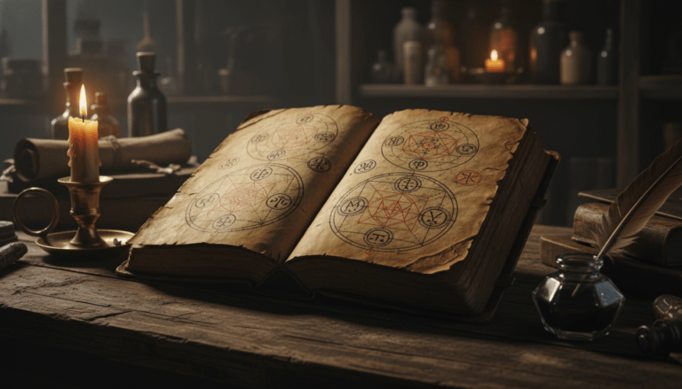Grimorio antiguo La Clave Mayor del Rey Salomón abierto sobre mesa de madera con sellos mágicos y luz de vela