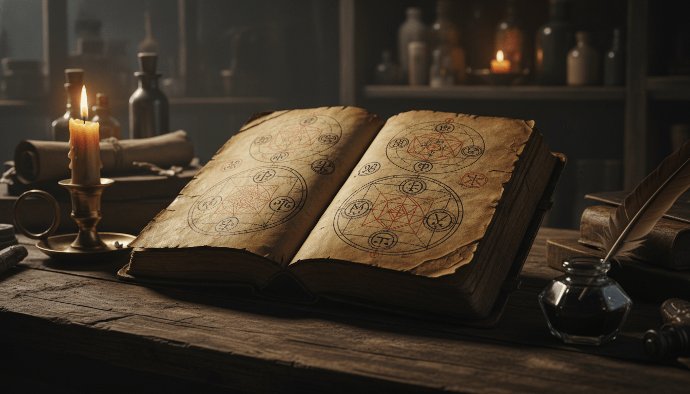 Grimorio antiguo La Clave Mayor del Rey Salomón abierto sobre mesa de madera con sellos mágicos y luz de vela