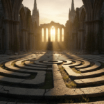 Laberinto clásico unicursal de piedra en una catedral antigua iluminado por haces de luz mística para meditación espiritual.