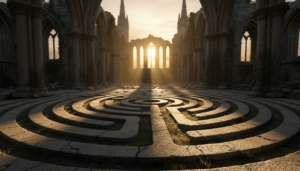 Laberinto clásico unicursal de piedra en una catedral antigua iluminado por haces de luz mística para meditación espiritual.