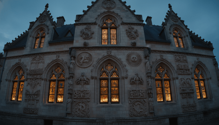 Fachada de una mansión gótica con relieves de simbología alquímica inspirada en el libro Las Moradas Filosofales de Fulcanelli.