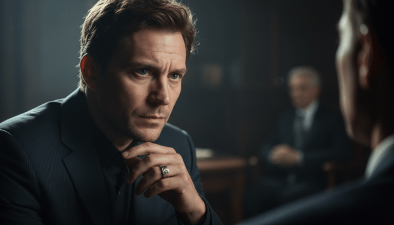 Primer plano cinematográfico de un experto en lectura en frío analizando el lenguaje corporal en una habitación oscura con iluminación dramática.