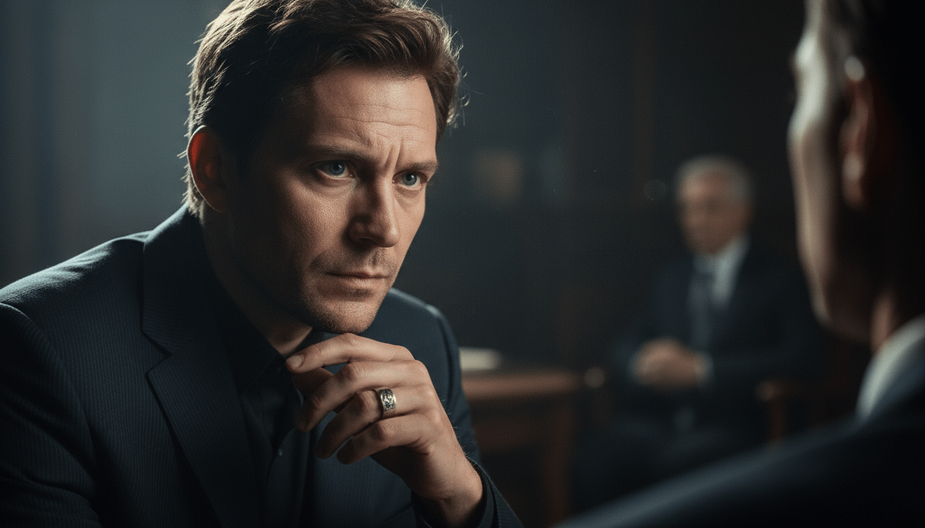 Primer plano cinematográfico de un experto en lectura en frío analizando el lenguaje corporal en una habitación oscura con iluminación dramática.