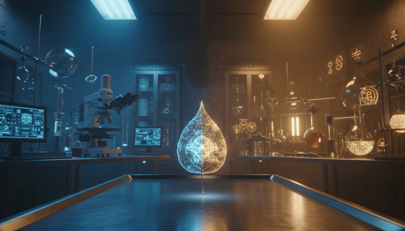 Representación artística de un laboratorio de ciencia marginal con dualidad de universos paralelos y patrones simbólicos de la serie Fringe.