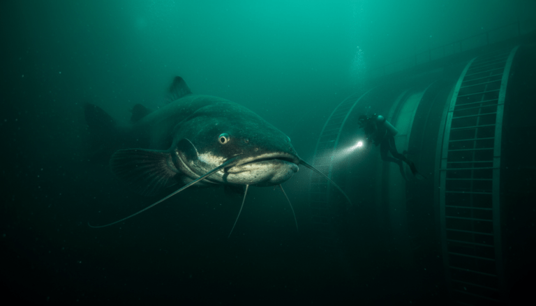 Ilustración fotorrealista de un buzo frente a un bagre gigante legendario en las profundidades de una presa en México