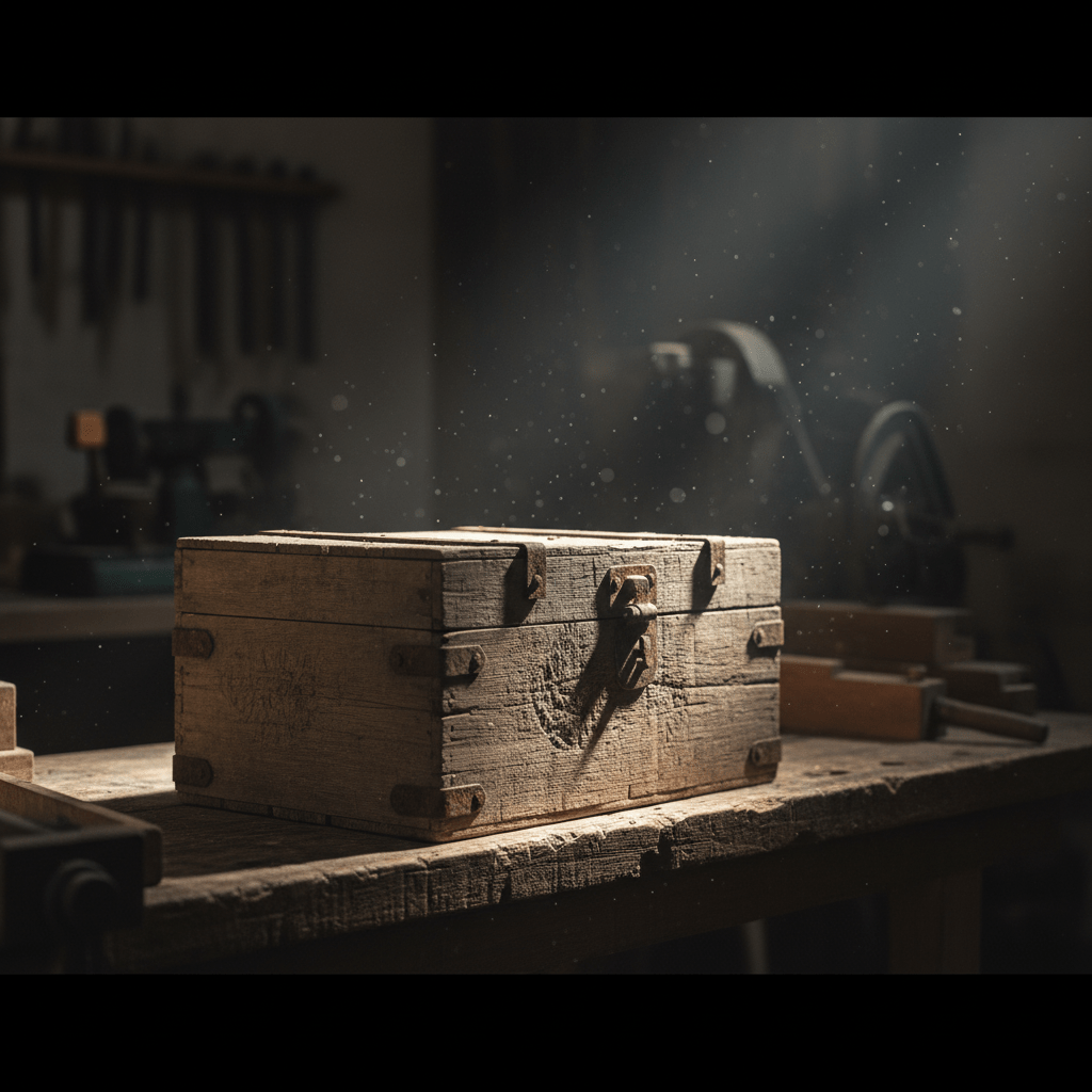 Antigua caja de vino de madera relacionada con la leyenda del espíritu dybbuk en un taller oscuro