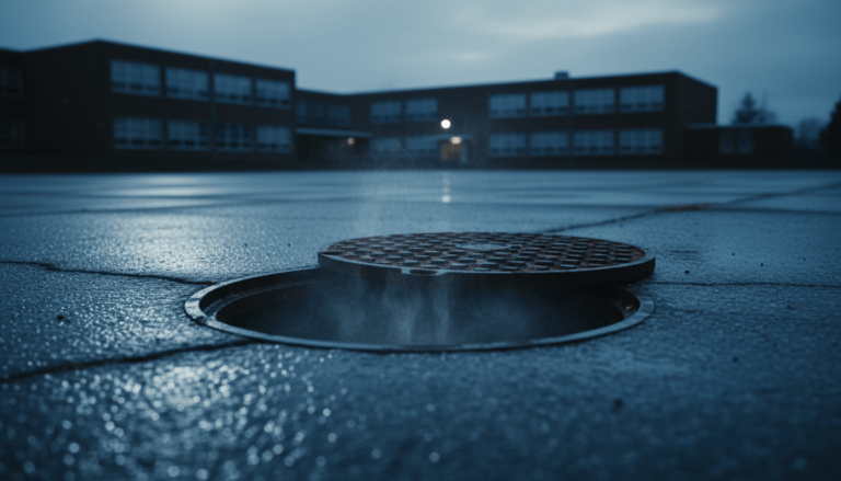 Alcantarilla abierta en el patio de una escuela bajo un cielo gris, representando el mito de Carmen Winstead y el acoso escolar.