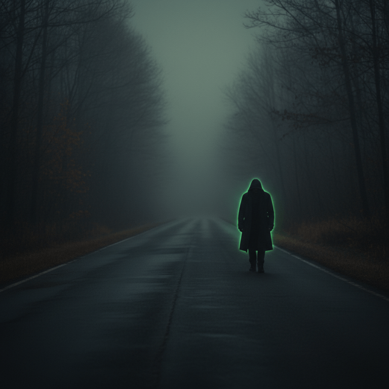 Representación artística de la leyenda de Charlie Sin Cara caminando por una carretera nocturna en Pensilvania