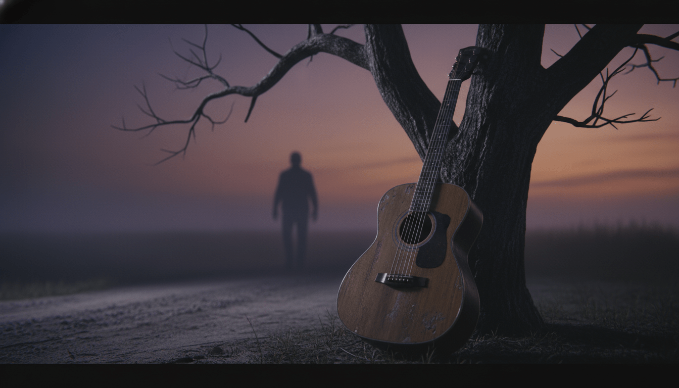 Guitarra acústica antigua en un cruce de caminos nocturno, representación artística del Club de los 27 y el mito de Robert Johnson.