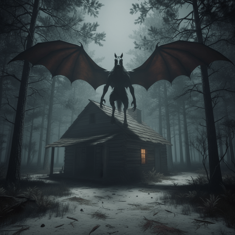 Representación cinematográfica del Diablo de Jersey emergiendo de un bosque de pinos brumoso, basado en la leyenda de la Madre Leeds.