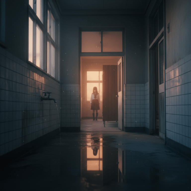 Representación artística de la leyenda de Hanako-san en el tercer cubículo de un baño escolar japonés envuelto en sombras.