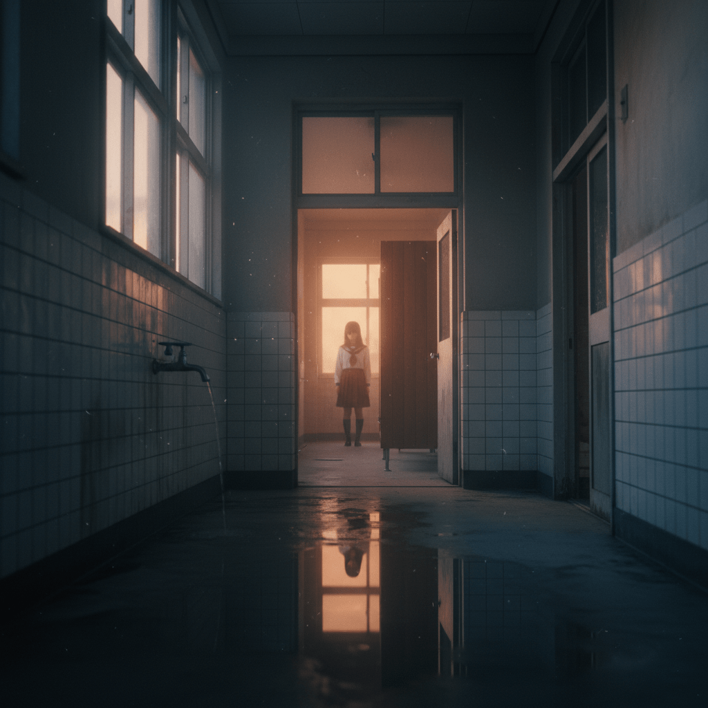 Representación artística de la leyenda de Hanako-san en el tercer cubículo de un baño escolar japonés envuelto en sombras.