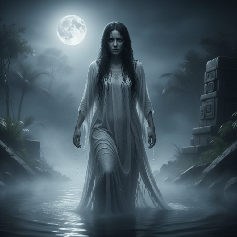 Representación artística de La Llorona inspirada en la deidad prehispánica Cihuacóatl junto a un río nocturno envuelto en niebla.