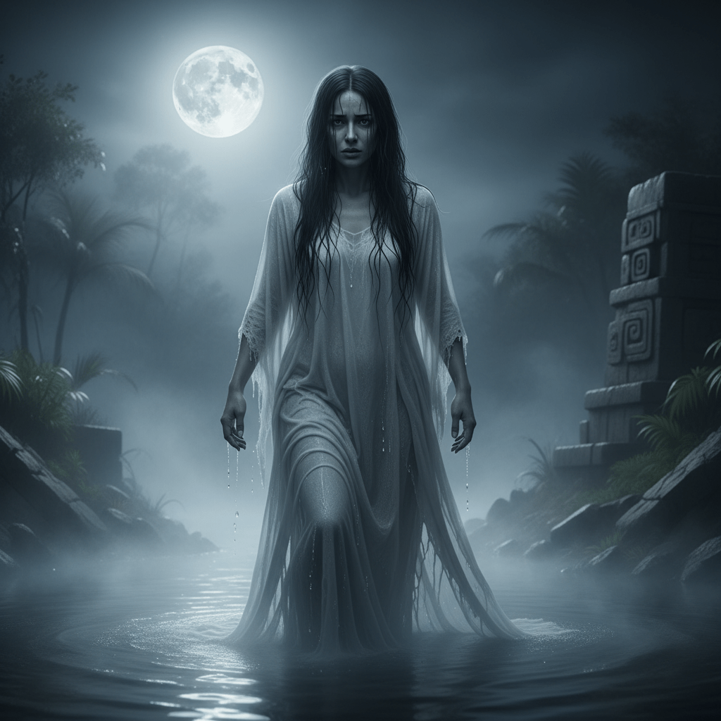 Representación artística de La Llorona inspirada en la deidad prehispánica Cihuacóatl junto a un río nocturno envuelto en niebla.