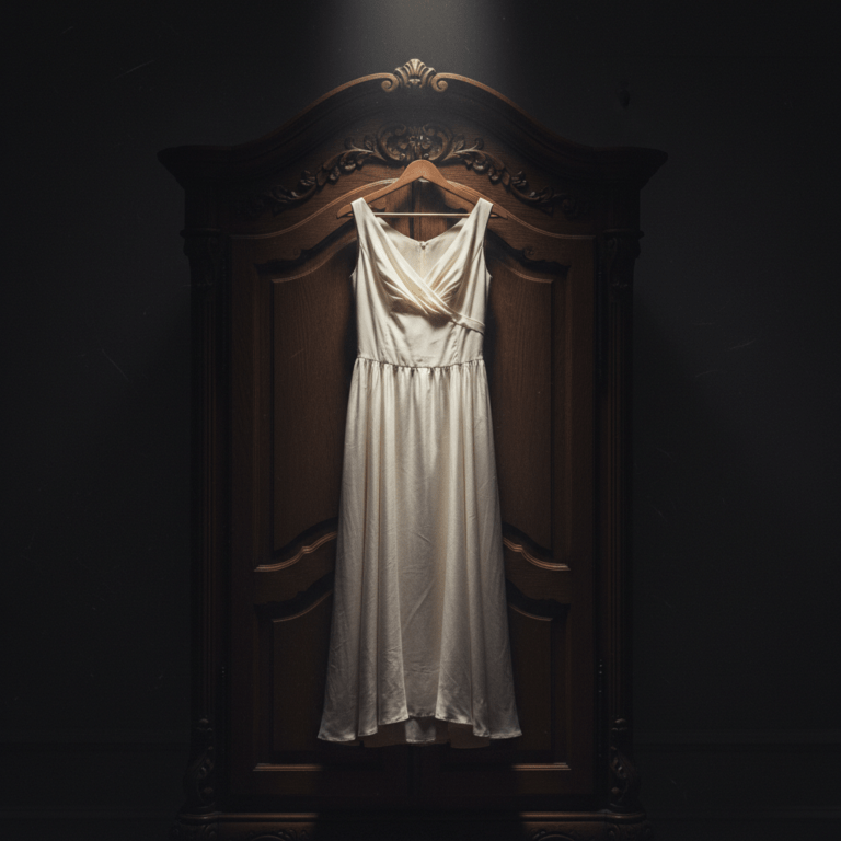 Vestido de seda vintage en un armario oscuro con iluminación dramática, evocando la leyenda urbana del vestido de la muerte.