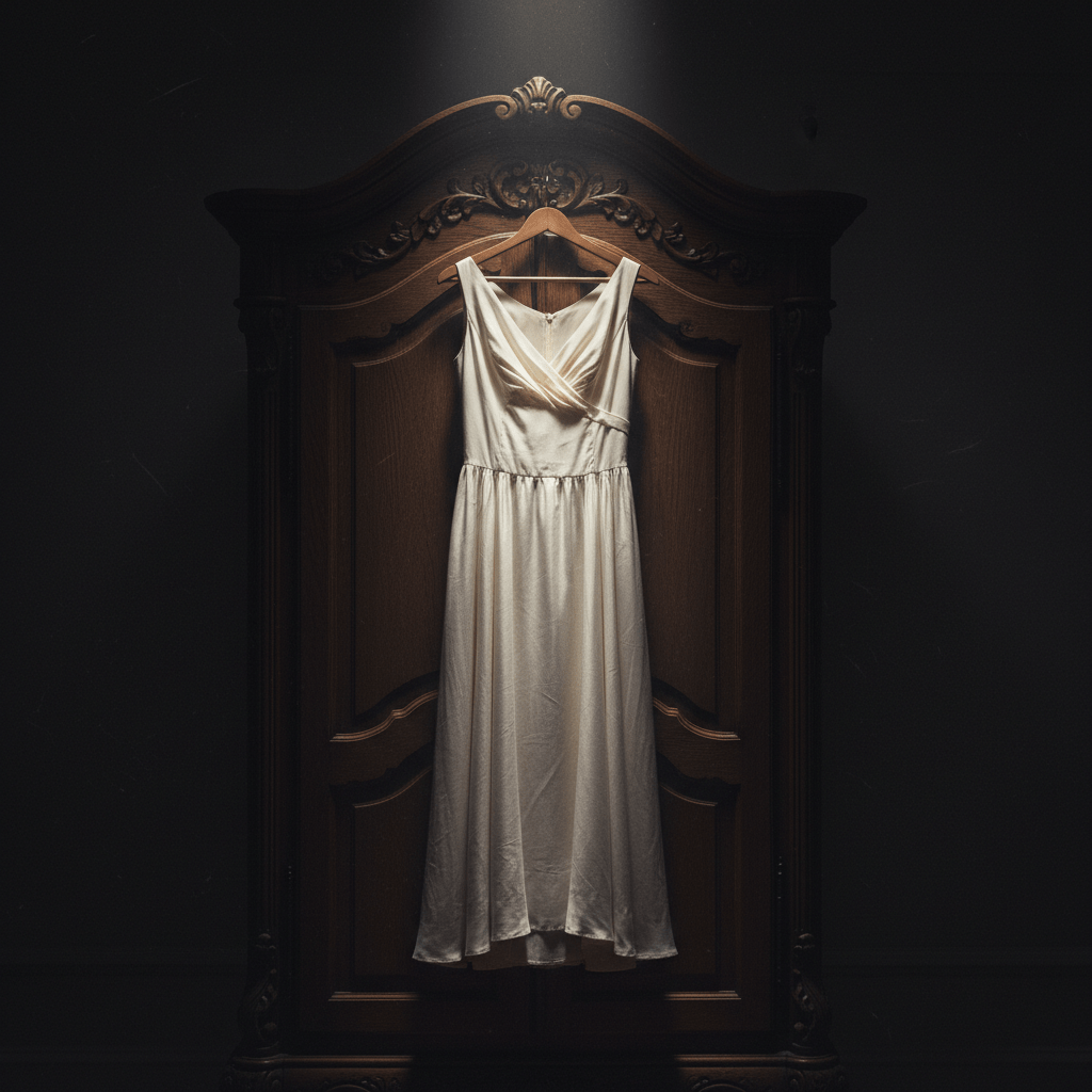 Vestido de seda vintage en un armario oscuro con iluminación dramática, evocando la leyenda urbana del vestido de la muerte.